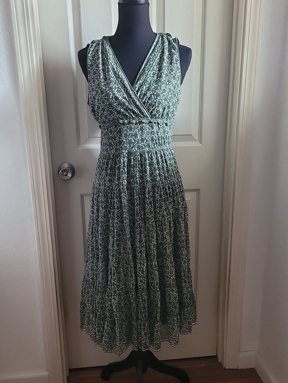 Max Studio Green Printed  Tiered Midi Dress Size L